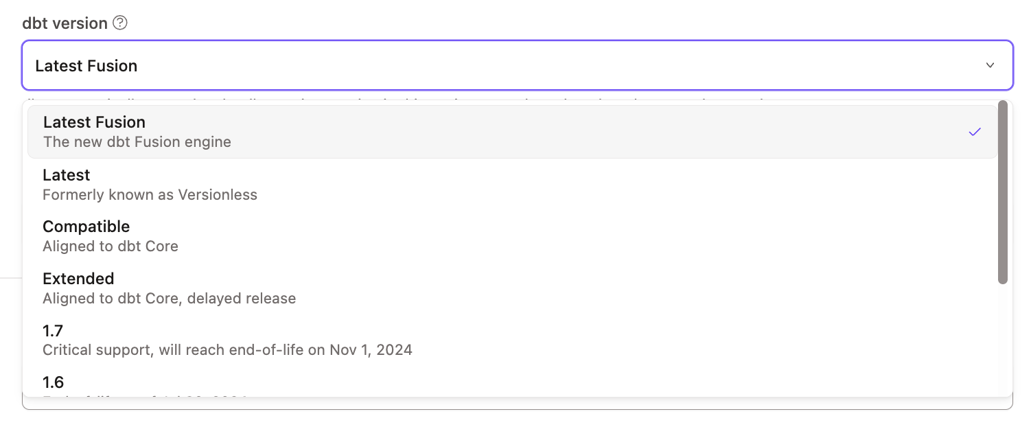 Select Fusion Stable from the dbt version dropdown